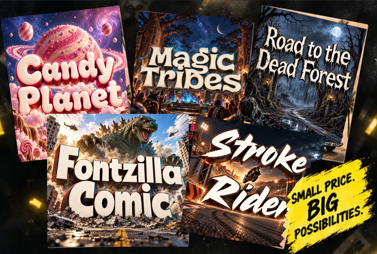 Five font specimen covers: Candy Planet, Magic Tribes, Road to the Dead Forest, Fontzilla Comic and Stroke Riders